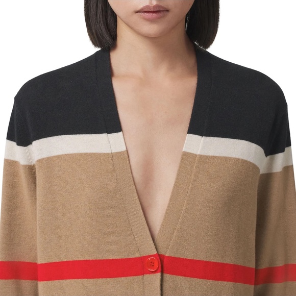 BURBERRY Tan Cashmere & Silk Striped Philippa Cardigan SzM - Picture 6 of 12